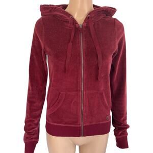 Hollister Y2K Velour Zip Up Hoodie Burgundy Fitted Velvet Jacket S Lounge Casual